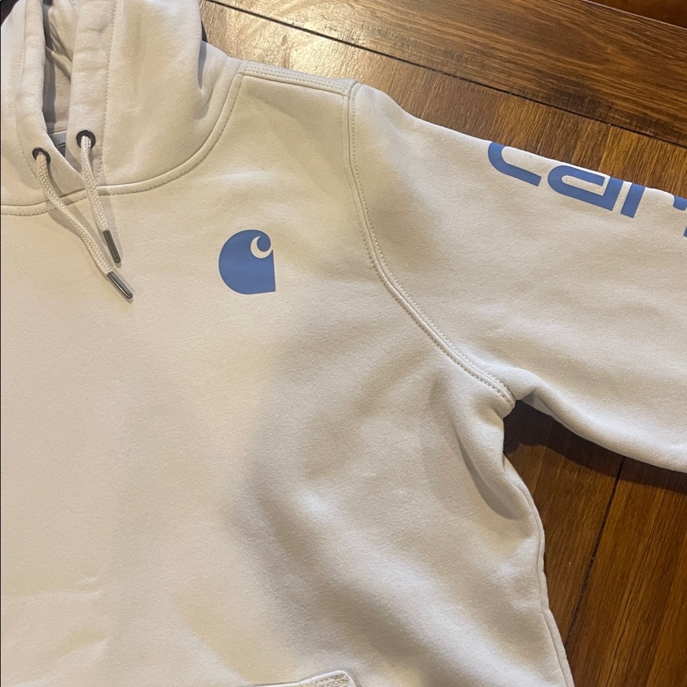 Carhartt Women's Hoodie Cream with Blue Logo - Picture 2 of 5